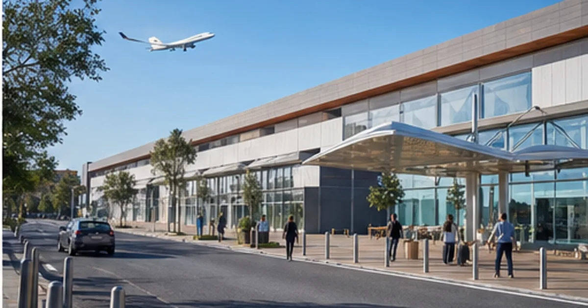 Centro outlet cerca de un eje de aeropuerto con tiendas y zonas de paso